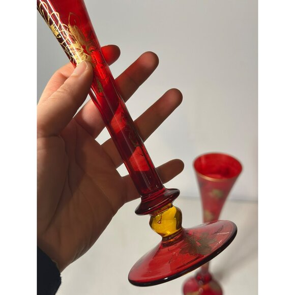 VTG Set Of 2 Cranberry Flashed Gold Floral Painted Bohemian Glass Flute Vases - Picture 5 of 9